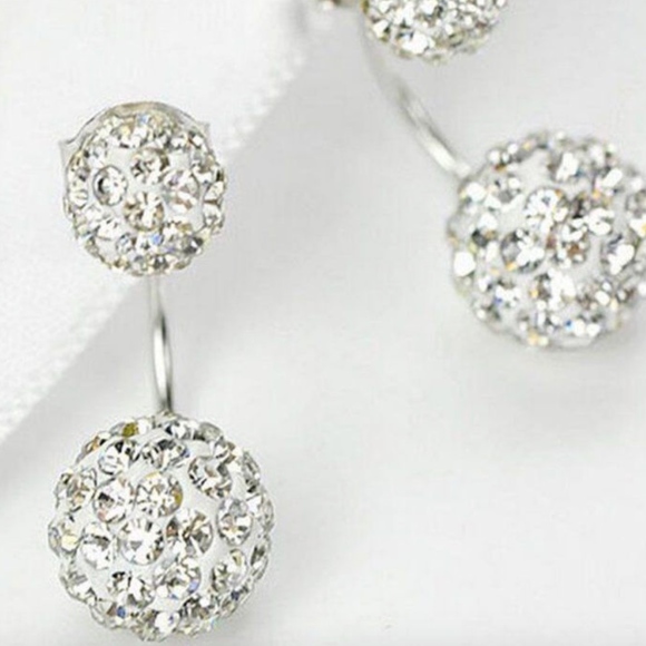 Silver Double Beaded Rhinestone Stud Earrings - Picture 6 of 6